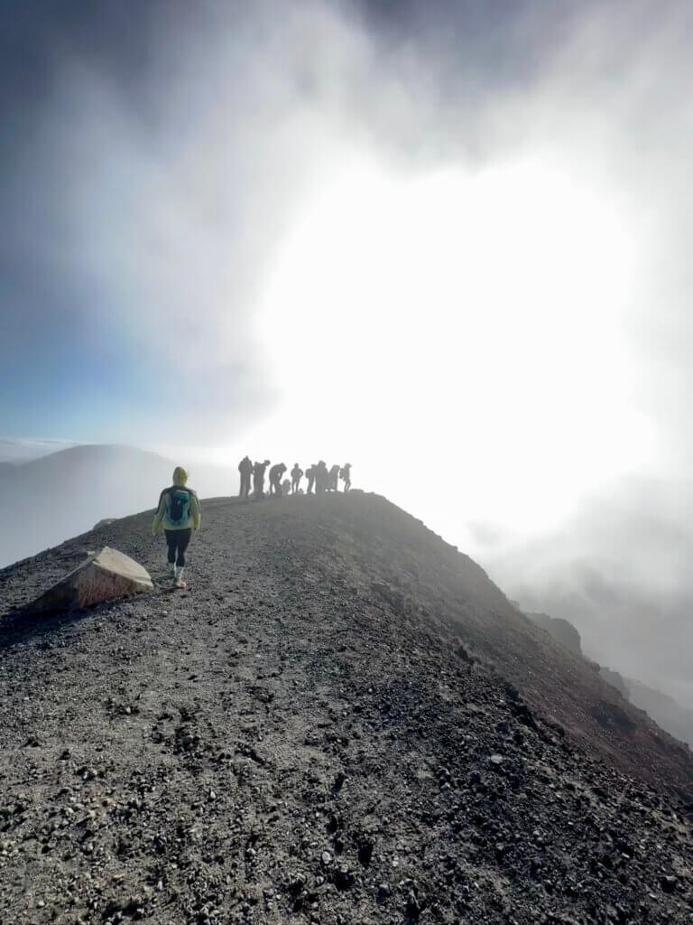 Gruppe von Wanderern am Kraterrand des Tongariro Alpine Crossings in Neuseeland, dramatisches Licht- und Nebelspiel, schwarze Lava und steiniger Pfad.